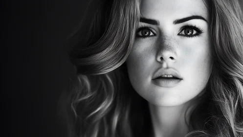 Striking Black and White Portrait of a Woman with Soft Waves.