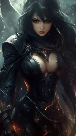 Dark armored sorceress in ember-lit fantasy portraiture.