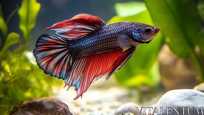 Vibrant betta fish glides through a softly lit aquarium
