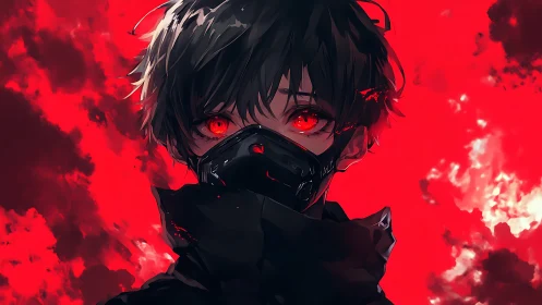 Red-eyed masked antihero in high-contrast crimson storm field