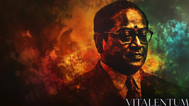 Portrait of suited man in fiery textured digital color field.