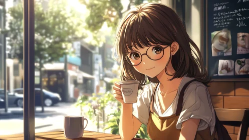 Warm café interior framing an anime girl under soft rim lighting