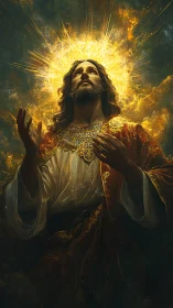 Radiant robed figure under blazing celestial halo light