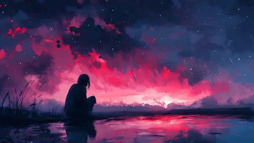 Silhouetted figure by reflective water under red twilight sky.