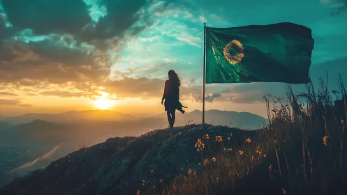 Silhouette on ridge with green flag under dramatic sunset sky.
