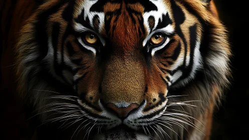 Intensity in amber eyes of a tiger in dramatic close-up.