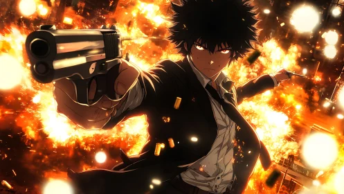 Gunfire maestro striding through molten-city chaos blaze.