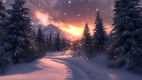 Snowy forest trail at sunset with glowing falling snow.