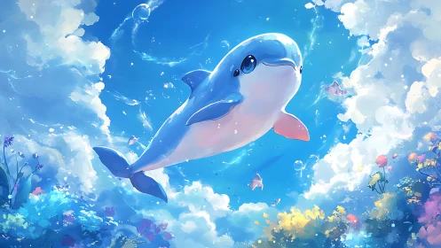 Playful stylized dolphin glides through luminous clouded waters