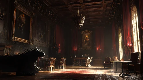 Dark dragon lurking in ornate baroque throne room interior.