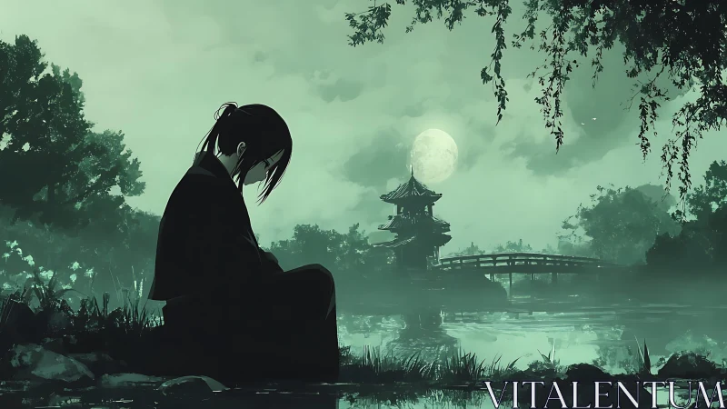 Moonlit Ronin in jade fog beside a silent temple lake.