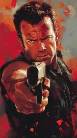 Determined action hero aims forward in a blazing standoff