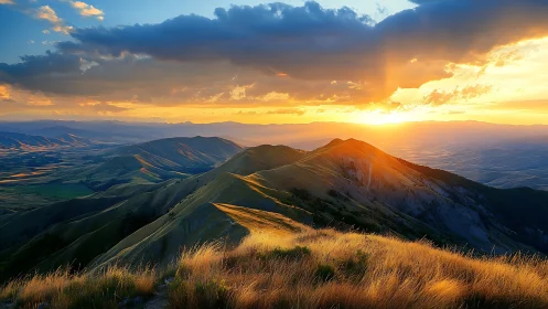 Golden mountain ridge under vivid sunset sky, wide view.