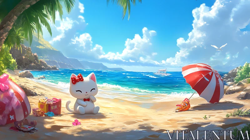 Cartoon cat figure on tropical beach with umbrella and sea.