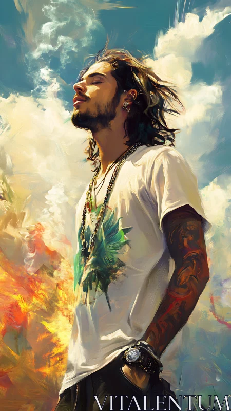 Expressive digital portrait of relaxed youth in vivid skyscape.