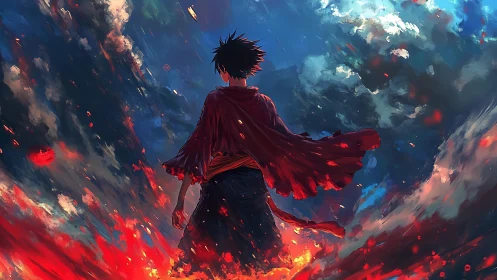 Lone anime warrior stands over erupting crimson battlefield.