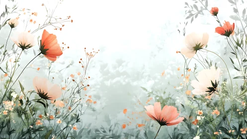 Watercolor Wildflowers in Soft Peachy Tones with Misty Background