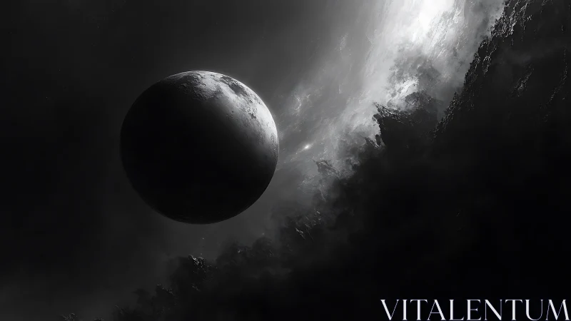 Lonely shadowed planet amid luminous cosmic stormscape.