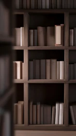 Vertical beige book punctuates muted wooden library grid