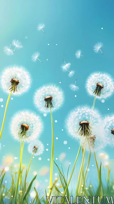 Dandelion seed heads and dispersing seeds under blue sky.