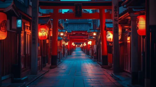 Nighttime alley with red torii gates and lantern lighting.