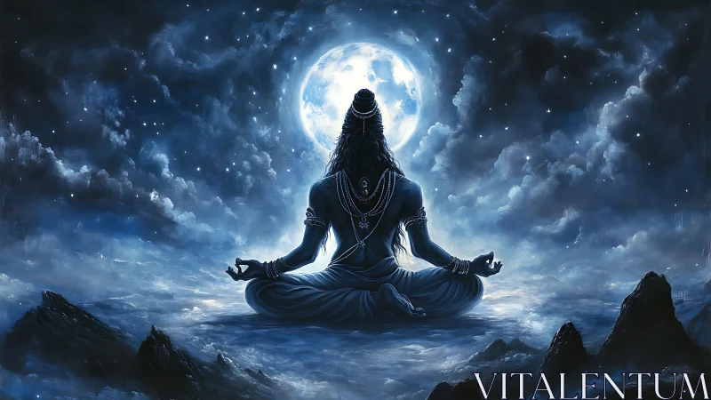 Meditating deity silhouettes against luminous full moon sky