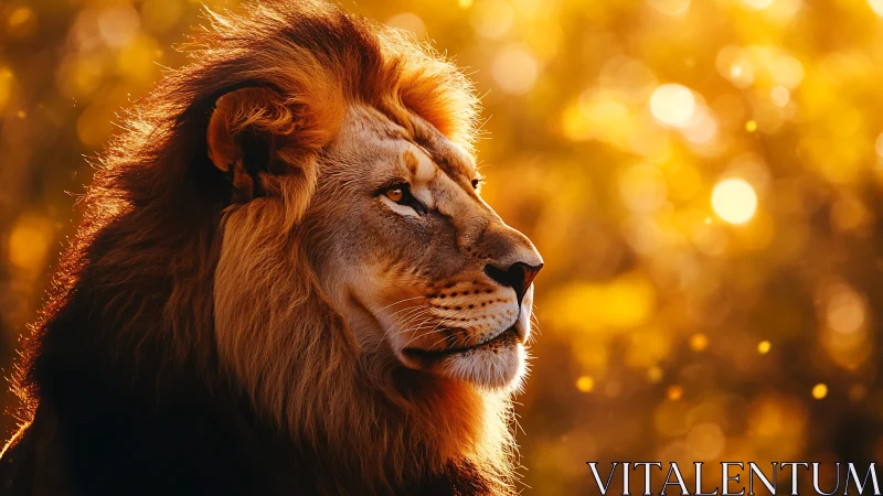 Majestic male lion profile in warm golden backlight.