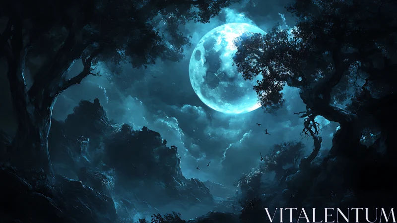 Enormous cyan moon dominates a mist-laden nocturnal forest