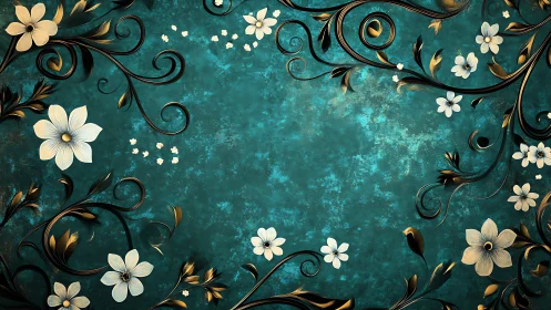Opulent teal floral scrollwork framing with metallic blossoms.