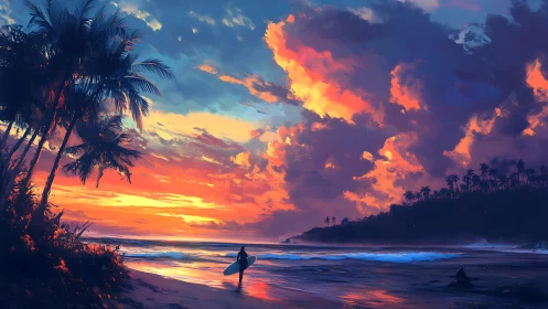 Surfer on tropical shoreline under vivid sunset clouds.