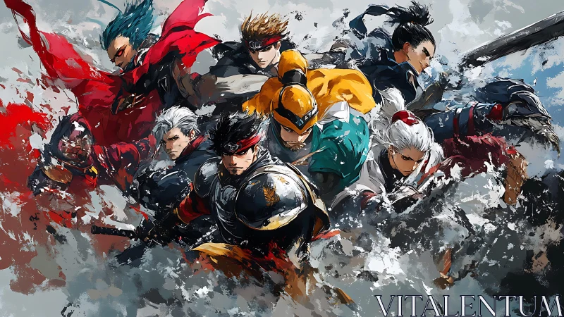 Armored anime warriors charging in layered battle tableau.