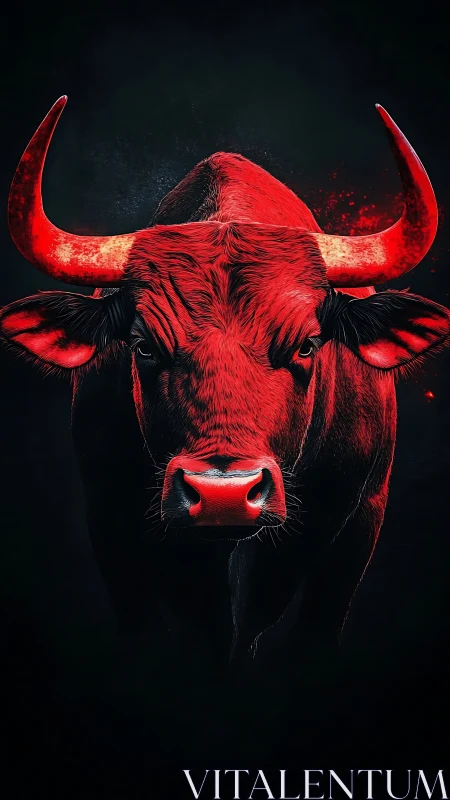 Red neon bull portrait rendered in dramatic digital chiaroscuro