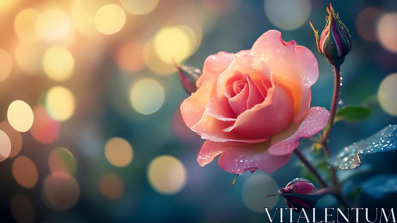 Coral rose petals capture morning dewdrops with golden bokeh dancing behind