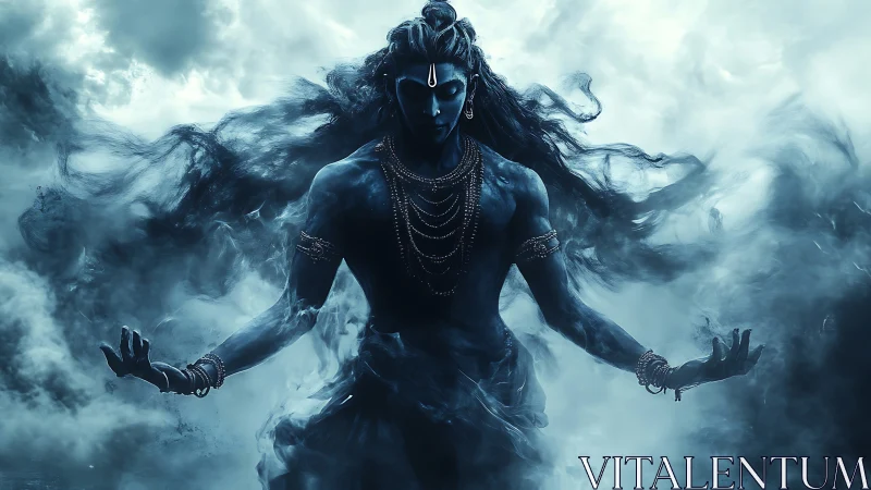 Blue-toned ethereal figure stands centered amid swirling mist