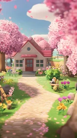 Spring cottage nestled under blooming pink cherry trees.