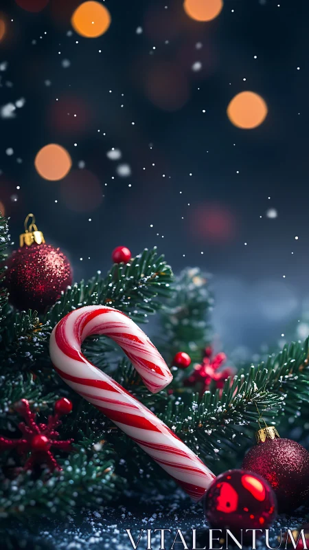 Candy cane rests on snowy fir with red Christmas baubles