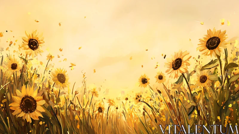 Sunlit sunflower field under warm golden summer sky.