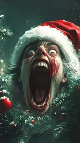 Terrified screaming head in bloody Christmas garland wreath.