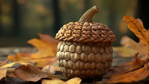 Detailed acorn close up on autumn leaves outdoors background.