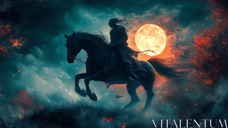 Lone midnight rider crossing a moonlit, ember-lit mist.