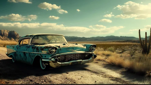 Weathered turquoise classic car on remote desert track.