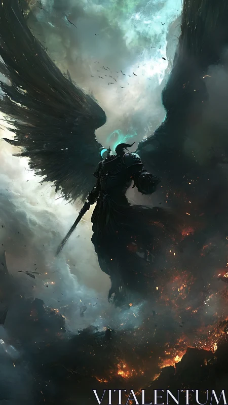 Armored dark angel over burning battlefield clouds.