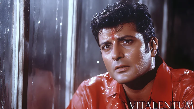 Close-up portrait under rain with specular highlights and moist skin