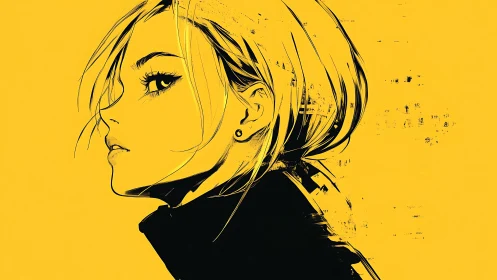 High-contrast anime portrait with glitch-textured yellow field.