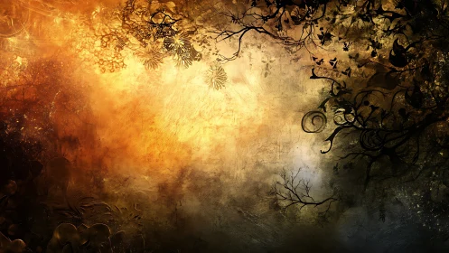 Abstract foliage silhouettes frame a textured, high-contrast glow