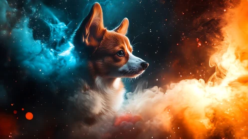 Cosmic corgi portrait framed by blue and orange nebulae.