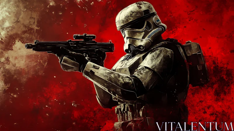 Galactic trooper poised against a storm of red light.