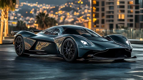 Low-slung carbon hypercar under city bokeh, emphasizing aero sculpting