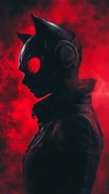 Feline-inspired cyber helmet silhouette against dense red fog