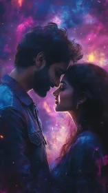 Silhouetted lovers embrace within cosmic nebula glow.